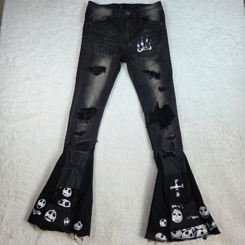 Waimea Mens 30 Stacked Fit Distressed Flare Jeans Blk Nightmare Before Christmas